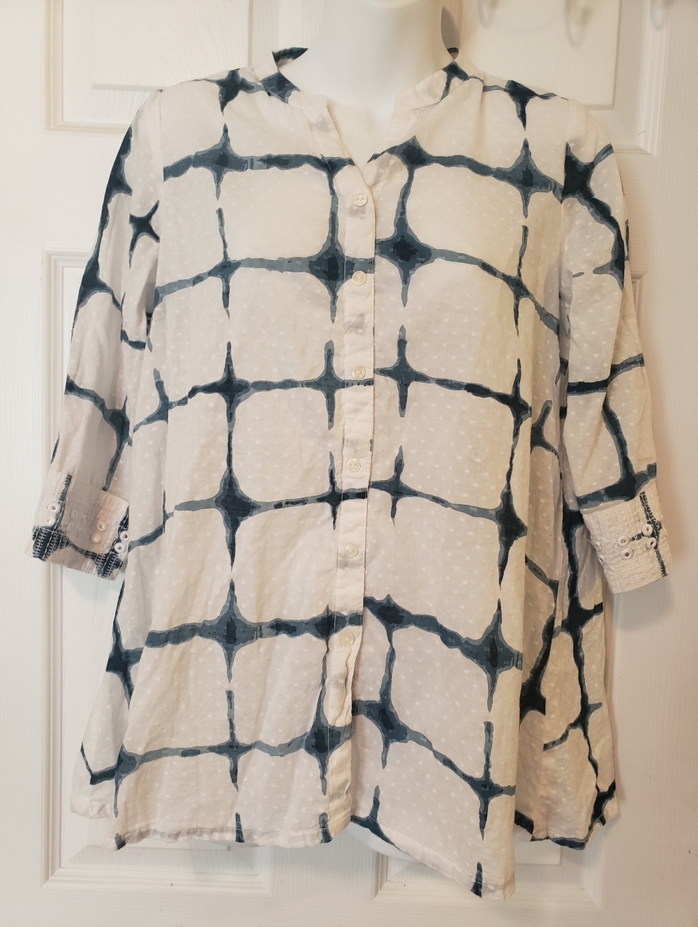 Lightweight Ivory Blouse with Navy Grid Print Size Medium